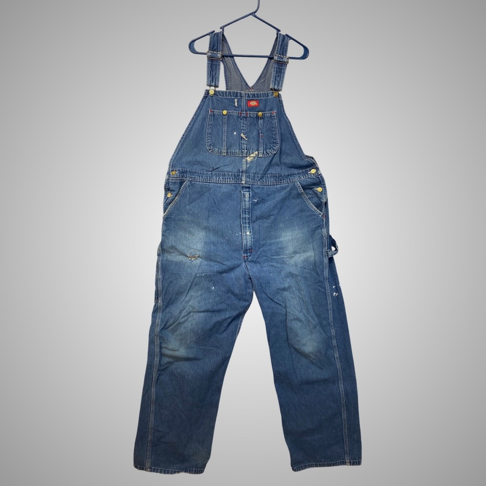 Dickies Mens Blue Denim Bib Overalls Distressed Workwear W516550 42x30